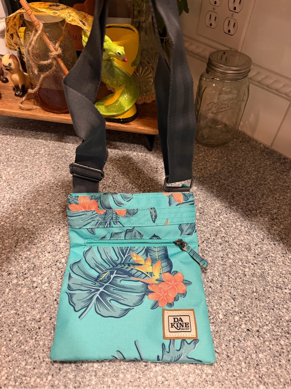 Dakine Teal Floral Mini Crossbody Messenger Bag with Black Strap